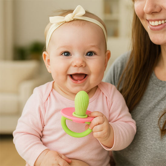 bebe tient anneau de dentition maman tient bebe