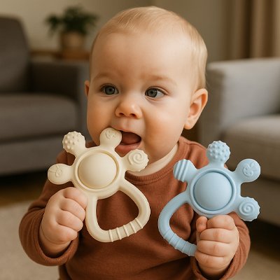 bebe tient deux anneau de dentition