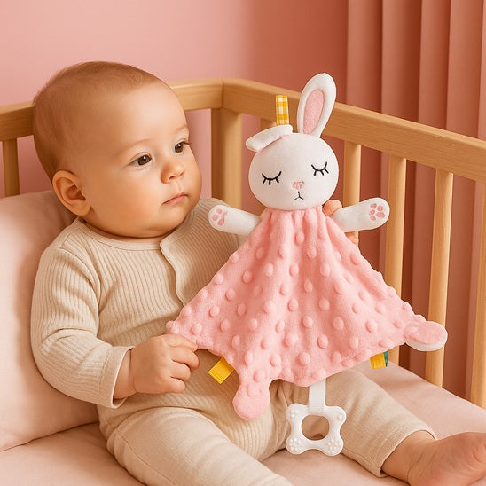 bebe tient doudou bebe lapin dans berceau