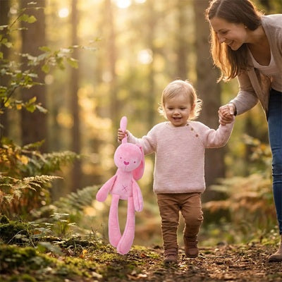 bebe tient doudou lapin main maman tient main bebe promenade