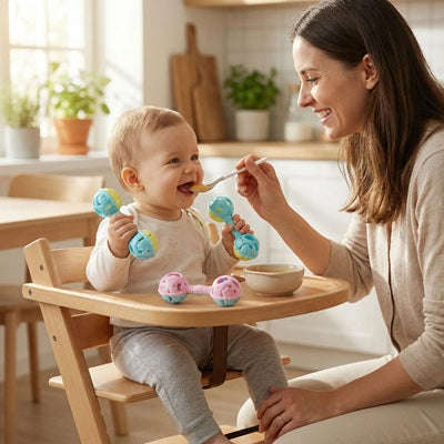 bebe tient hochet bebe chaque main maman fait manger bebe
