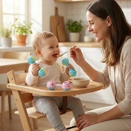 bébé tient hochet bebe chaque main maman fait manger bébé