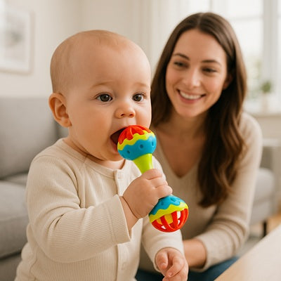 bebe tient hochet bebe dans bouche-maman regarde bebe sourit