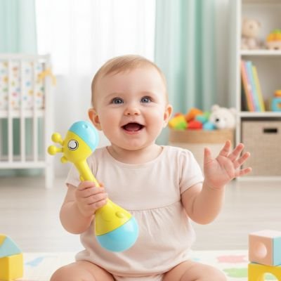 bebe tient hochet bebe girafe dans main gauche droite levee