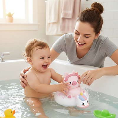 bebe tient jouet de bain cochon flotte maman surveille