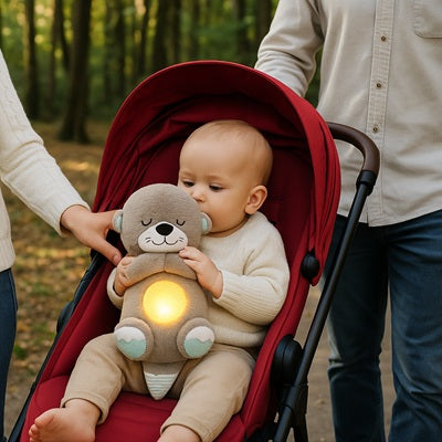 bebe tient peluche loutre qui respire poussette rouge