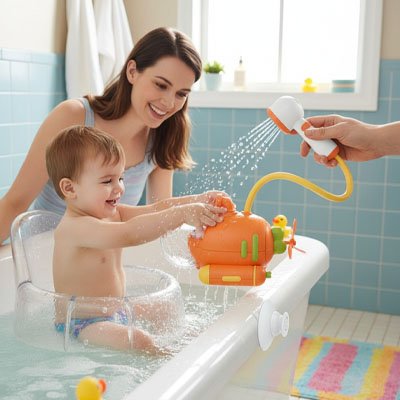 bebe tient sous marin jouet baignoire bebe papa arrose bebe 