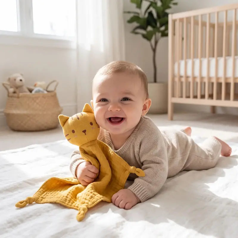 bébé tummy time câline doudou bebe chat jaune