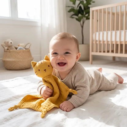 bébé tummy time câline doudou bebe chat jaune