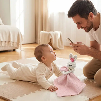 bébé tummy time doudou bébé regarde papa photographier