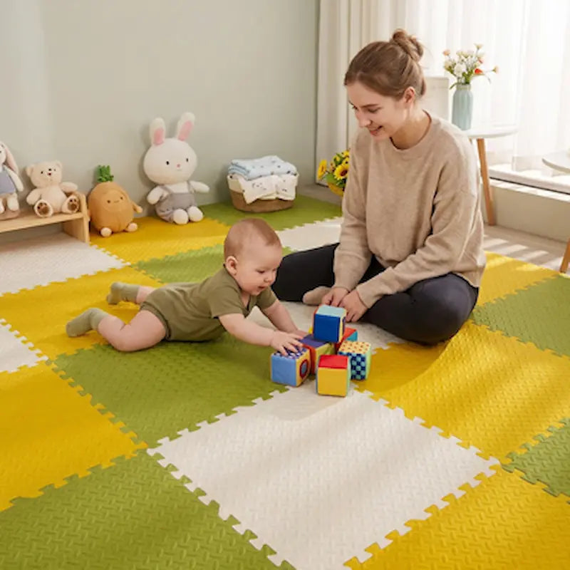 bébé tummy time joue maman assis tapis en mousse puzzle
