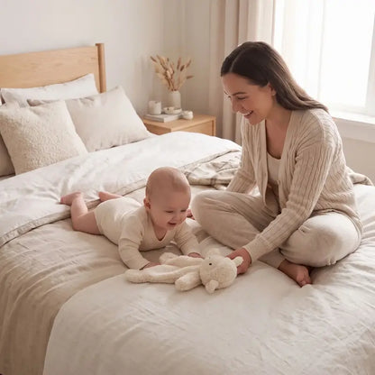 bébé tummy time lit regarde doudou bebe maman surveille