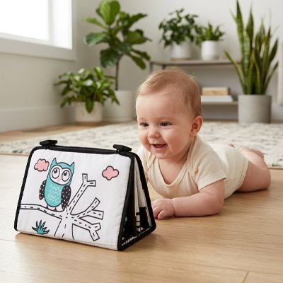 Bébé tummy time parquet regarde livre bebe en tissus