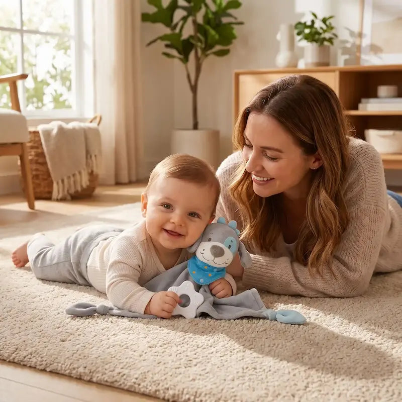 bébé tummy time pose tête doudou bébé maman sourit