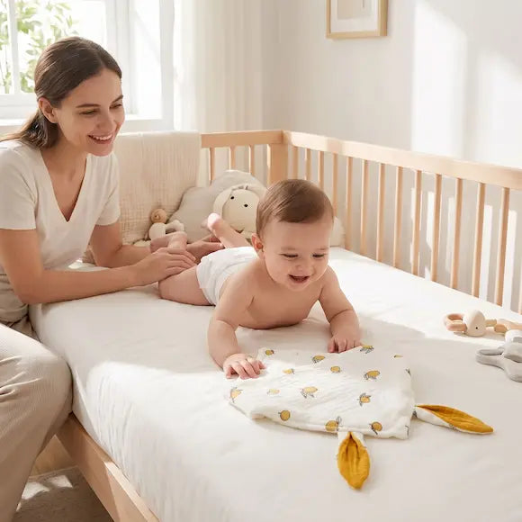 bébé tummy time regarde doudou bebe motif citron maman surveille