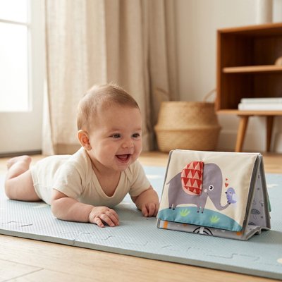 bébé tummy-time regarde livre bebe en tissus éléphant