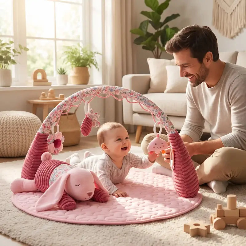 bébé tummy time tapis d éveil regarde hochets papa surveille