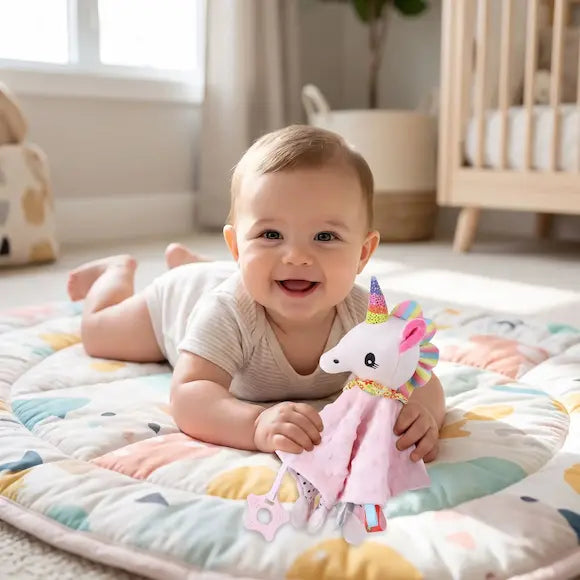 bébé tummy time tapis éveil tient doudou bebe licorne rose