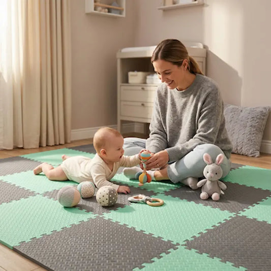 bébé tummy time tapis mousse puzzle maman tient hochet