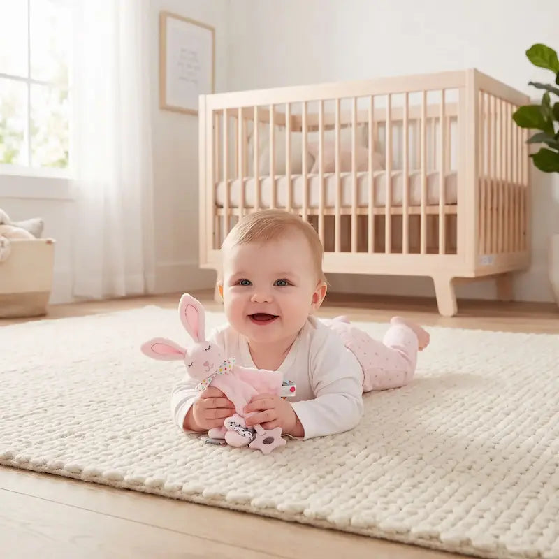 bébé tummy time tient doudou lapin rose mains