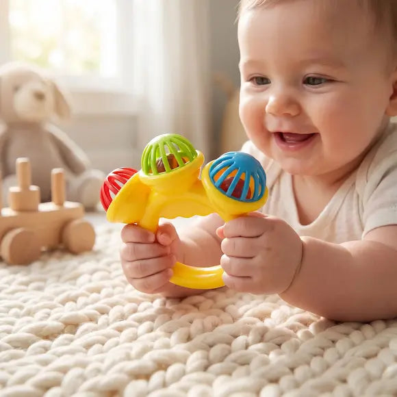 bébé tummy time tient hochet bébé grelot jaune mains