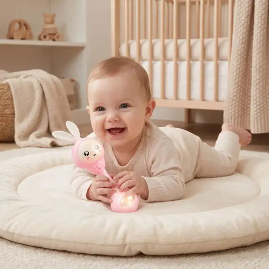 bébé tummy time tient hochet bébé lapin rose