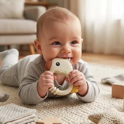 bébé tummy time tient mains bouche anneau dentition bebe perroquet