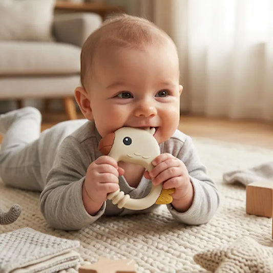 bébé tummy time tient mains bouche anneau dentition bebe perroquet