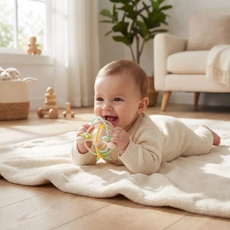 bébé tummy time tient mains hochet bébé pastel