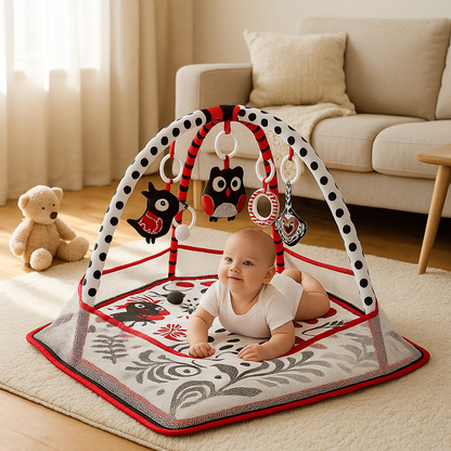 bebe ventre dans tapis d eveil dans salon