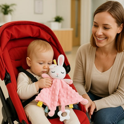 doudou bebe lapin dans mains bebe dans poussette rouge