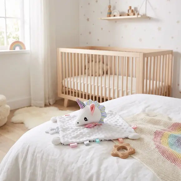 doudou bebe licorne blanche posé plat lit