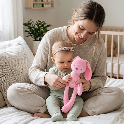 doudou lapin rose tenu par bebe assis maman tailleur tapis