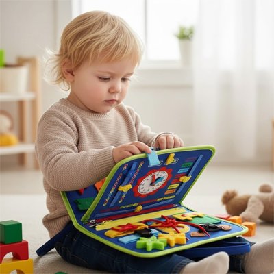 enfant 18 mois assis parquet chambre decouvre busy board bebe