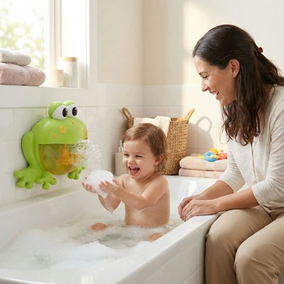 enfant joue bulles jouet de bain maman regarde