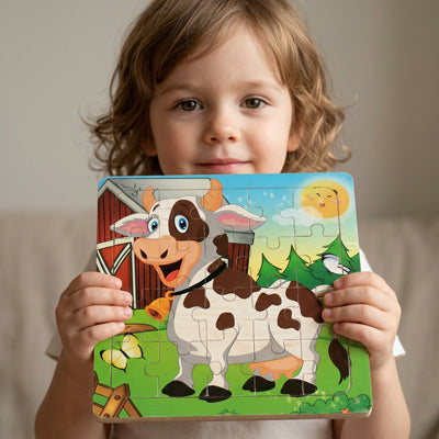 enfant montre puzzle bois vache termine