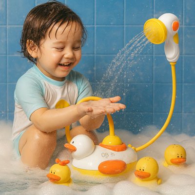 enfant ouvre mains recois leau pommeau jouet baignoire pour bebe