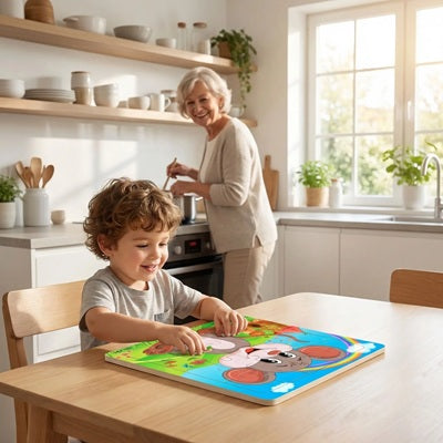 garcon assis table cuisine joue puzzle bois mamie sourit cuisine