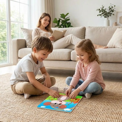 garcon fille assis tapis joue puzzle bois maman lit canape