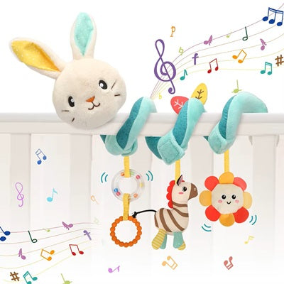 hochet lapin musical enroule autour barreau berceau blanc