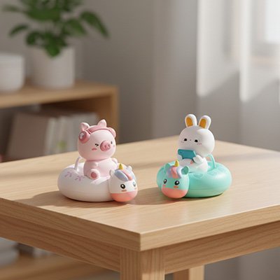 jouet de bain bouee cochon et lapin poses table salon