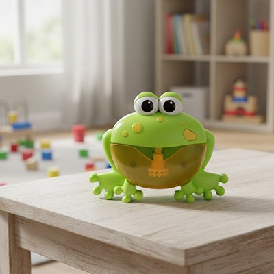 jouet de bain grenouille verte pose sur table