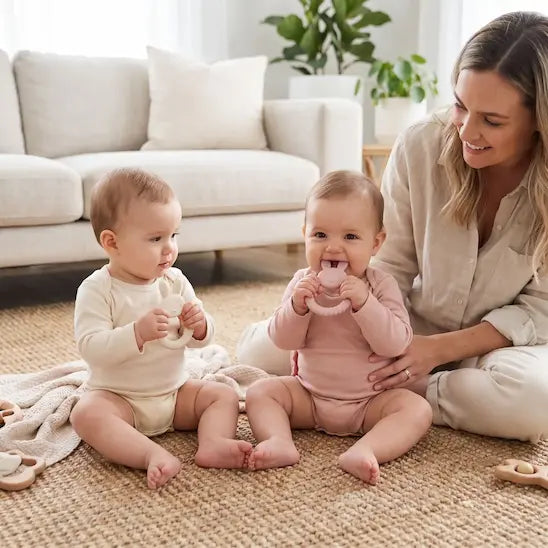 jumelles tapis anneau de dentition bébé blanc rose maman regarde