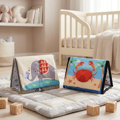 livre bebe en tissus éléphant crabe posés tapis sol