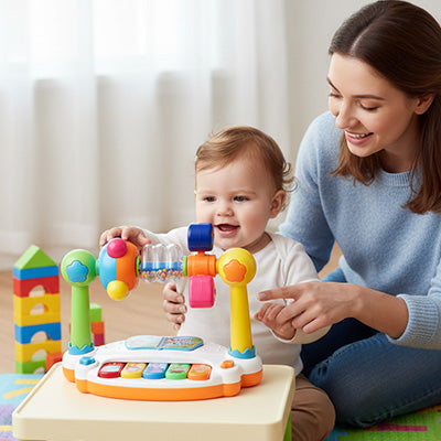 maman apprend bebe a jouer jouet eveil bebe piano