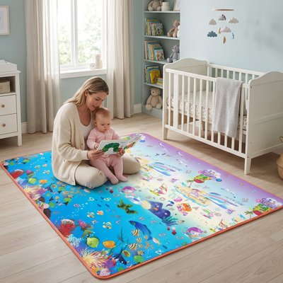 Maman assis avec bébé tapis de jeu bébé lit livre