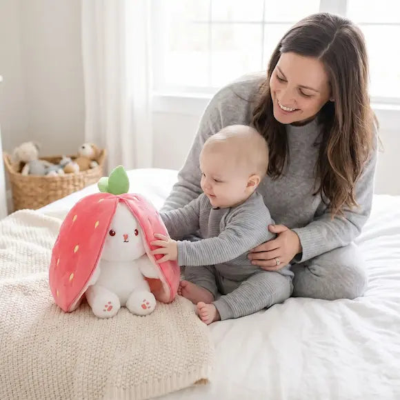maman assis lit tient bébé touche peluche bebe lapin fraise