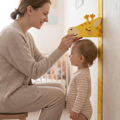 maman assis tabouret mesure grandeur bebe toise enfant girafe