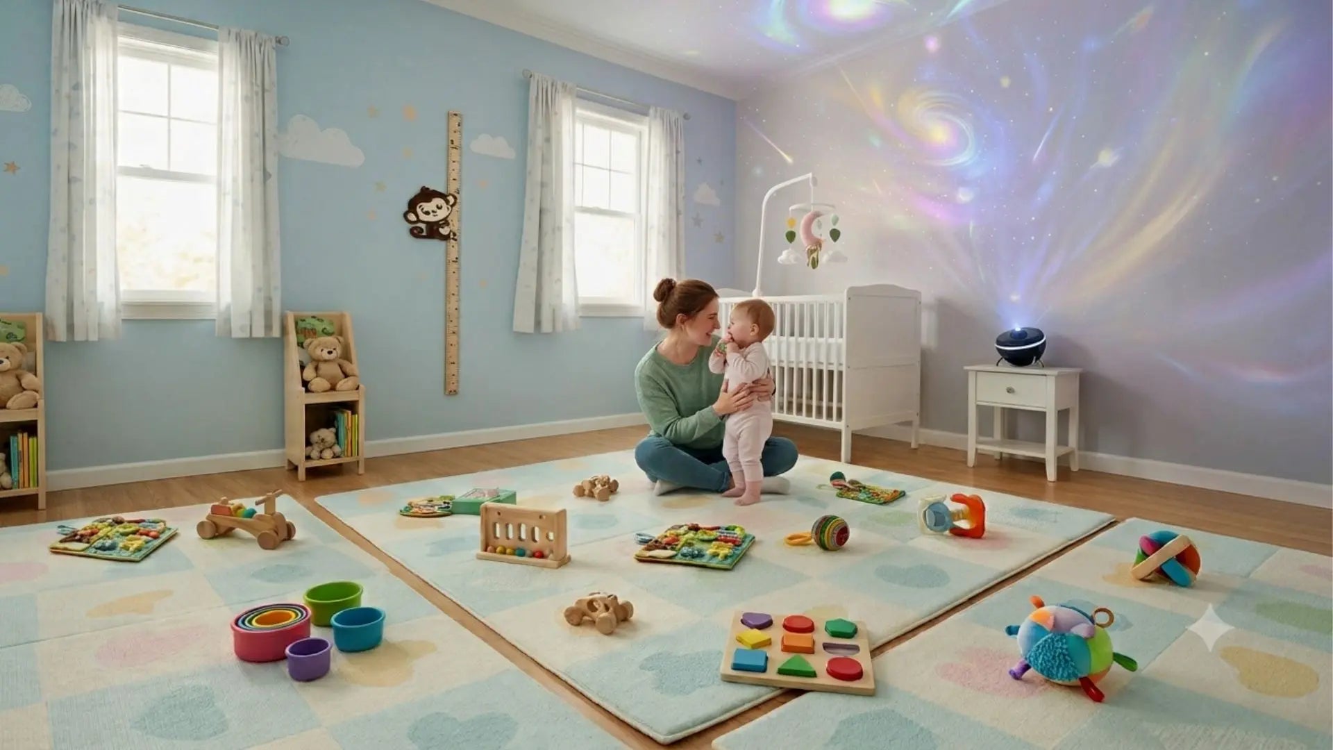 maman assis tapis éveil tient bebe anneau dentition bouche jouets