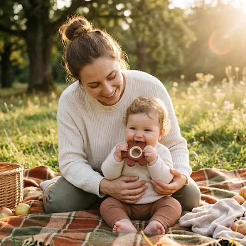 maman assis tapis jardin bébé mord anneau dentition bebe